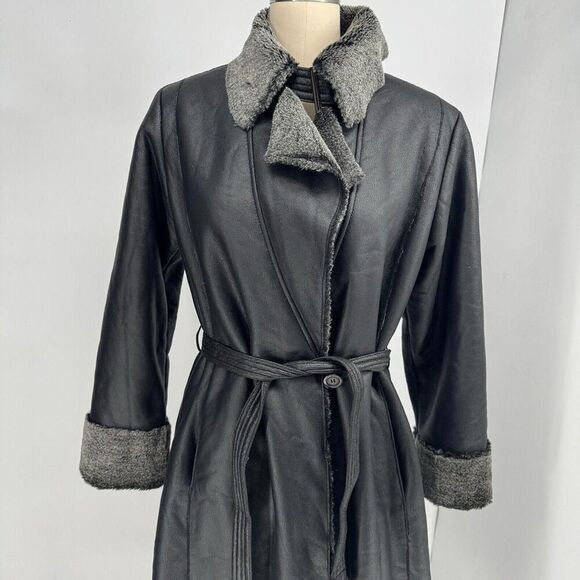 Adler Collection Women’s Faux Leather Fur Sherpa Long Coat Size 8 Or M Trench - Picture 3 of 9